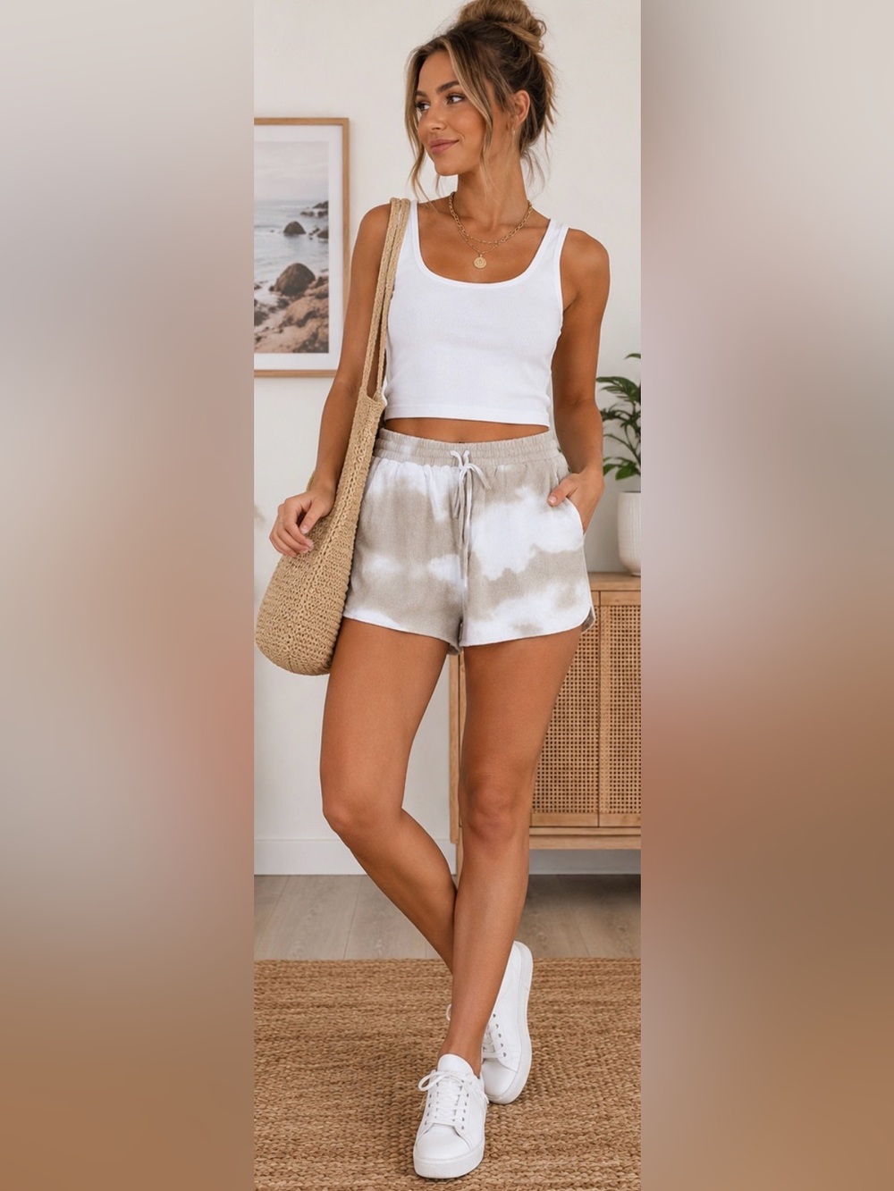 118 Urban Daizy Tie Dye Lounge Shorts Beige Cream Size Small Soft Knit